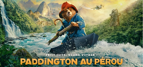 Affiche du film Paddington au Pérou, montrant l'ours Paddington en canot sur une rivière.