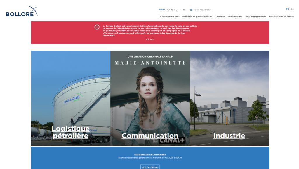 Page d'accueil du site Bolloré, avec bandeau d'alerte sur les usurpations d'identité et trois vignettes thématiques : logistique pétrolière, communication et industrie.