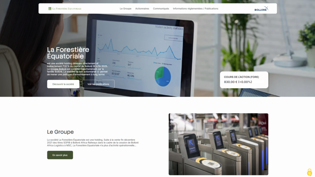 Page d'accueil du site La Forestière Équatoriale, avec graphique du cours de l'action et photo de portillons de validation.