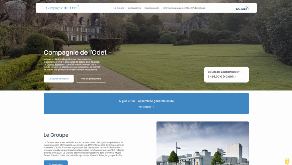 Page d'accueil du site Compagnie de l'Odet, avec cours de l'action et bandeau d'annonce d'une assemblée générale mixte.